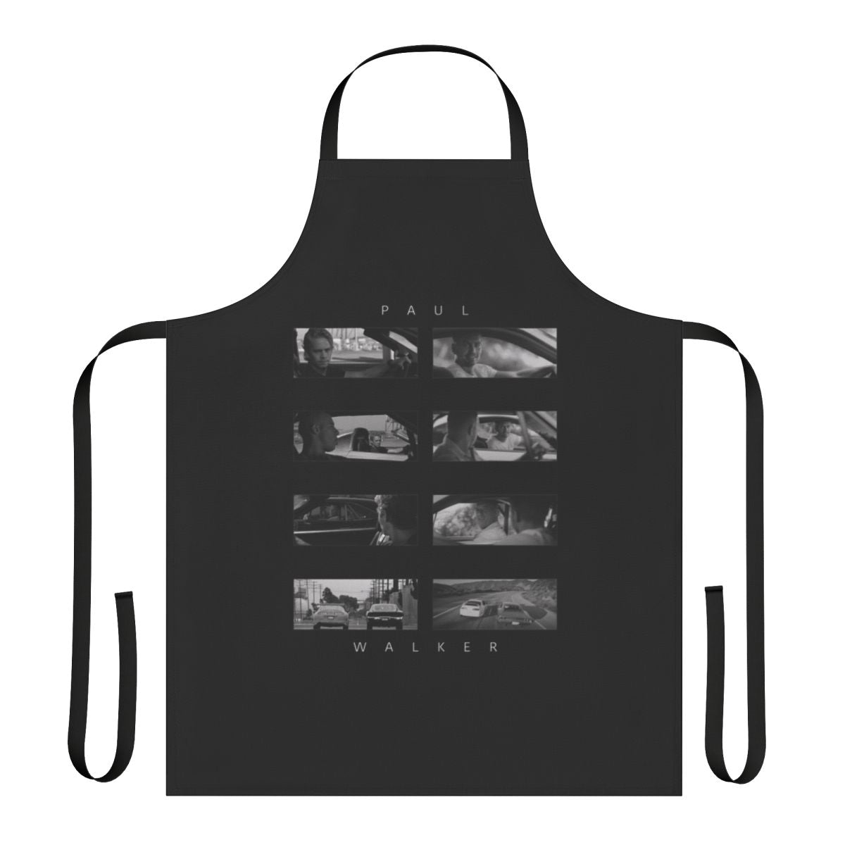 A high-quality apron featuring an image of actor Paul Walker from the Fast and Furious movie franchise.