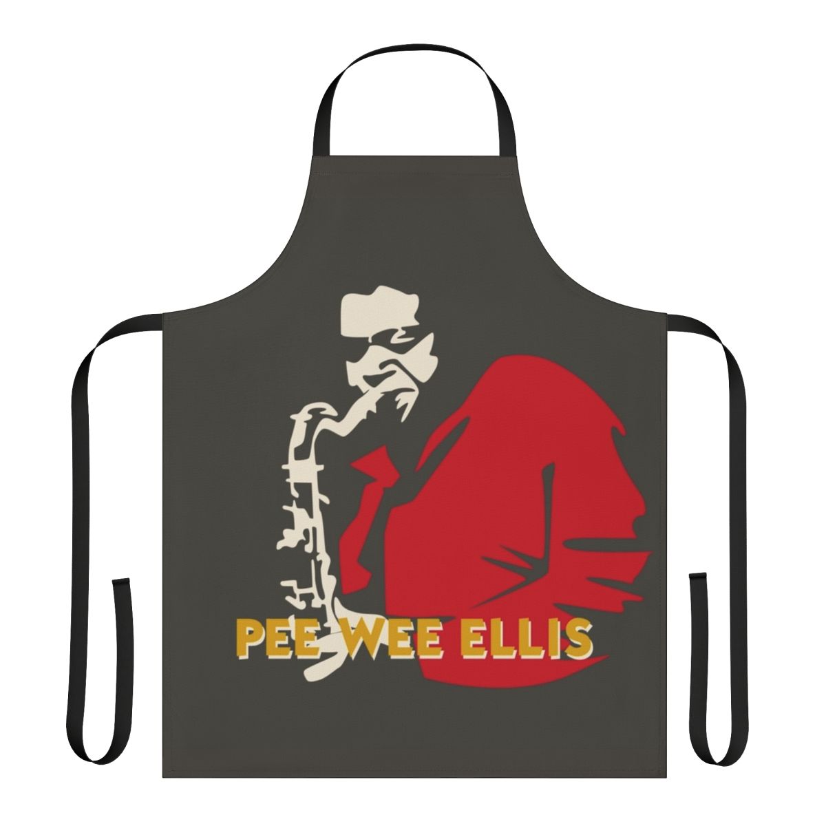 Illustration of Pee Wee Ellis, the famous funk saxophonist, on a minimalist apron design