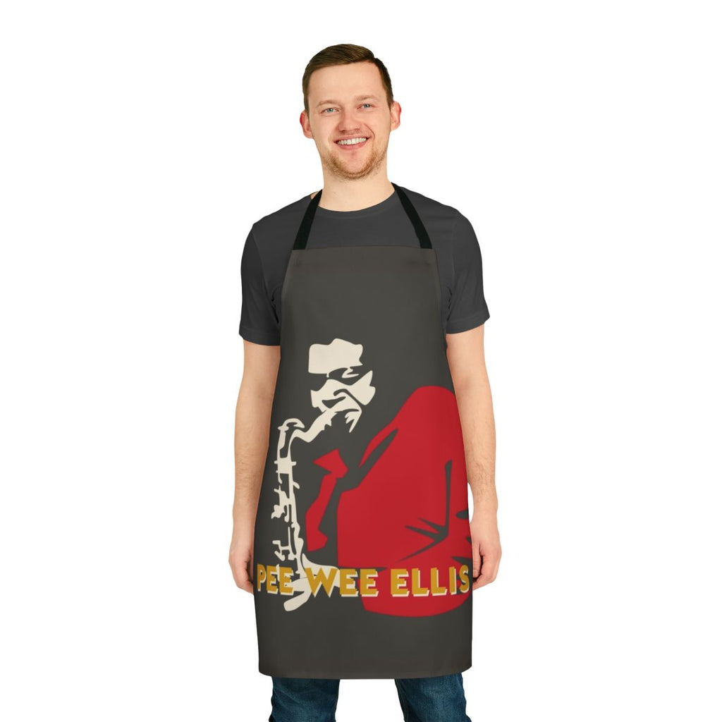 Illustration of Pee Wee Ellis, the famous funk saxophonist, on a minimalist apron design