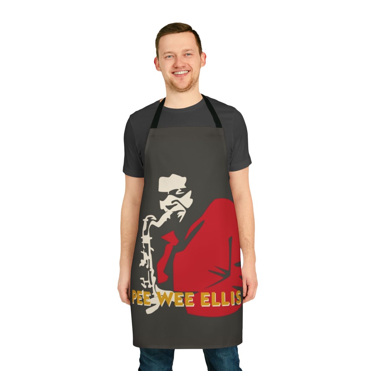Illustration of Pee Wee Ellis, the famous funk saxophonist, on a minimalist apron design