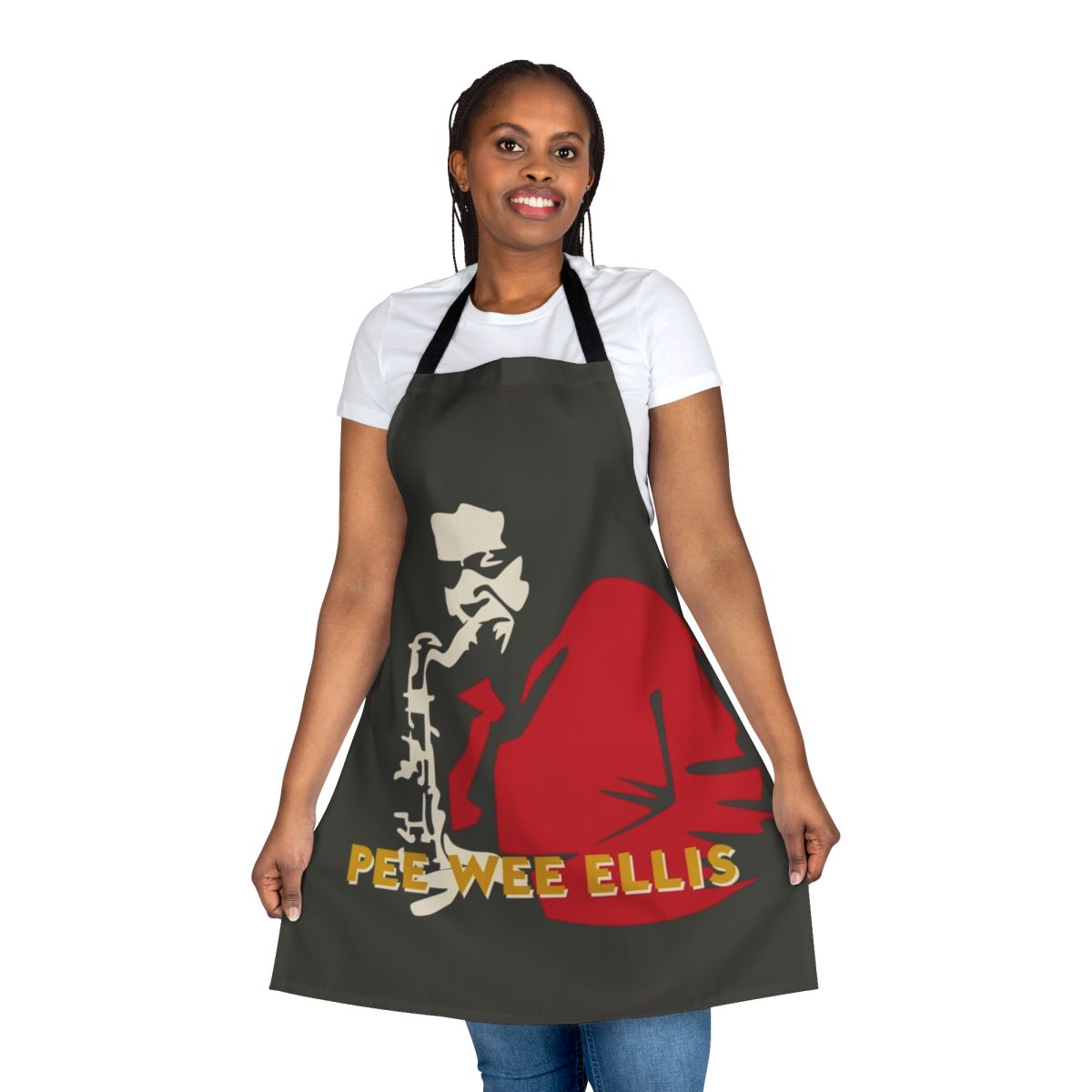 Illustration of Pee Wee Ellis, the famous funk saxophonist, on a minimalist apron design
