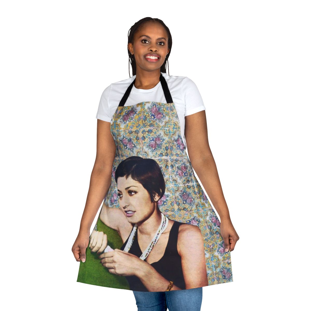 Apron featuring a retro pattern of Iranian singer Googoosh relaxing on a couch