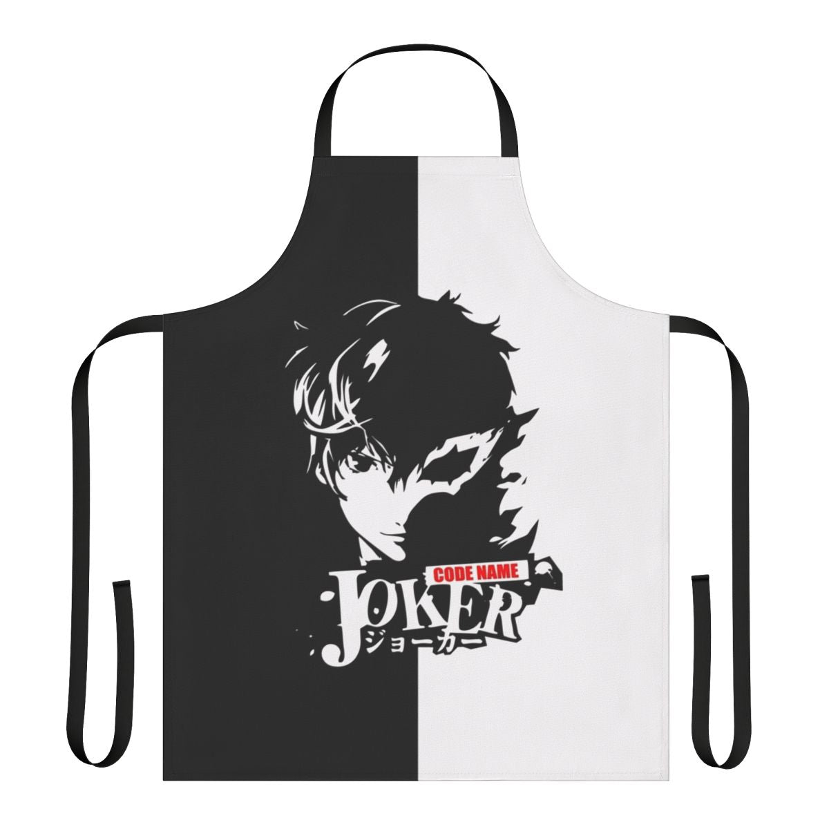A stylish dark-themed apron inspired by the popular video game Persona 5 and the Phantom Thieves.