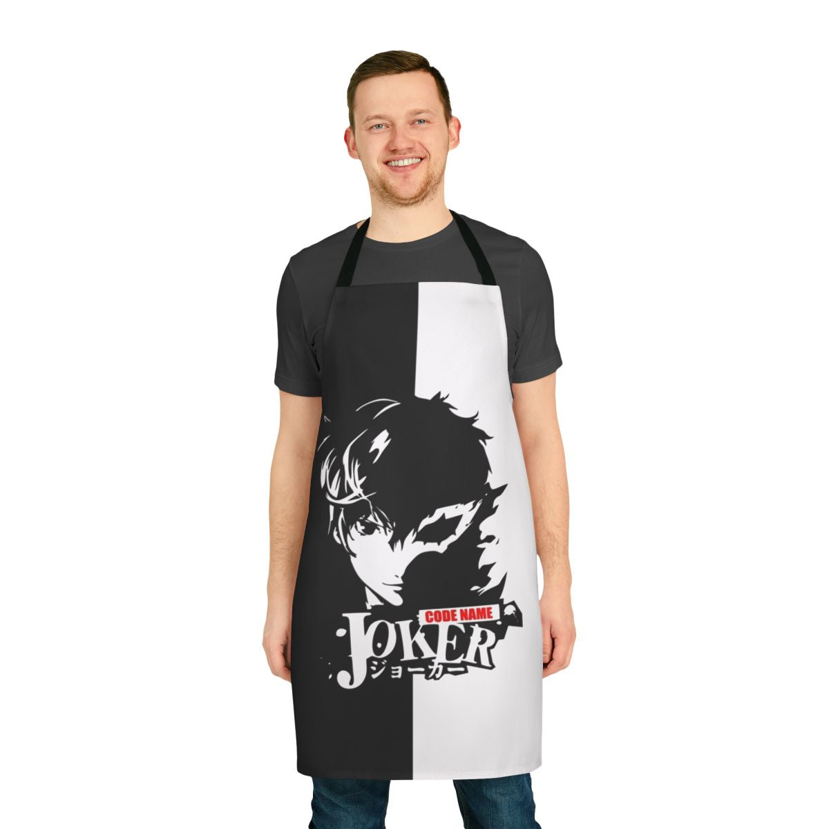 A stylish dark-themed apron inspired by the popular video game Persona 5 and the Phantom Thieves.