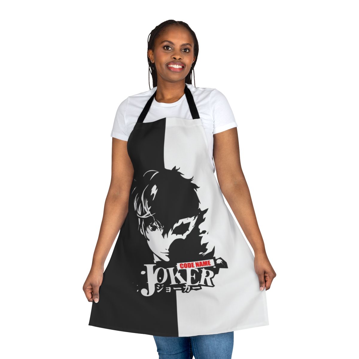 A stylish dark-themed apron inspired by the popular video game Persona 5 and the Phantom Thieves.