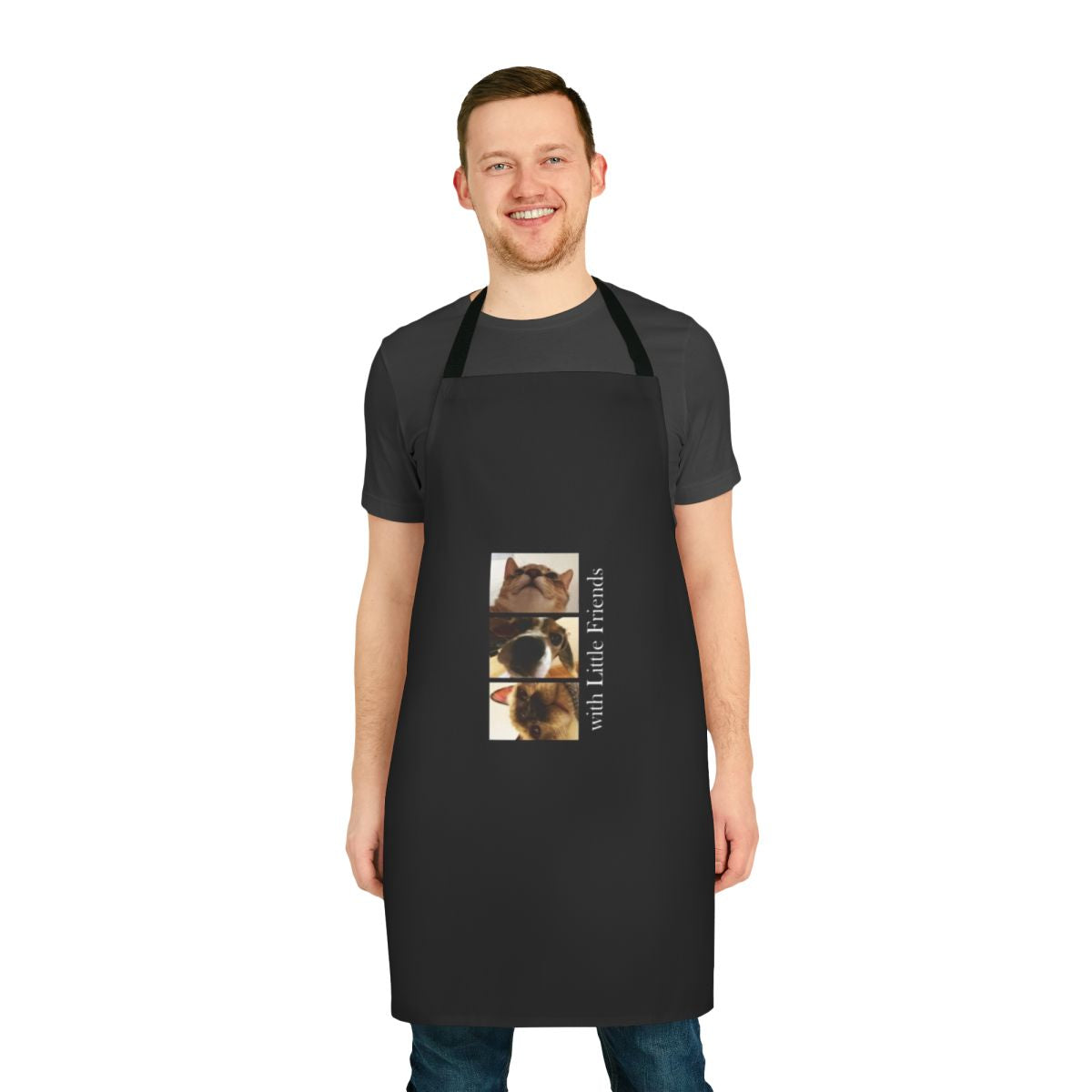 Vibrant apron featuring the members of K-pop group WayV and their pets