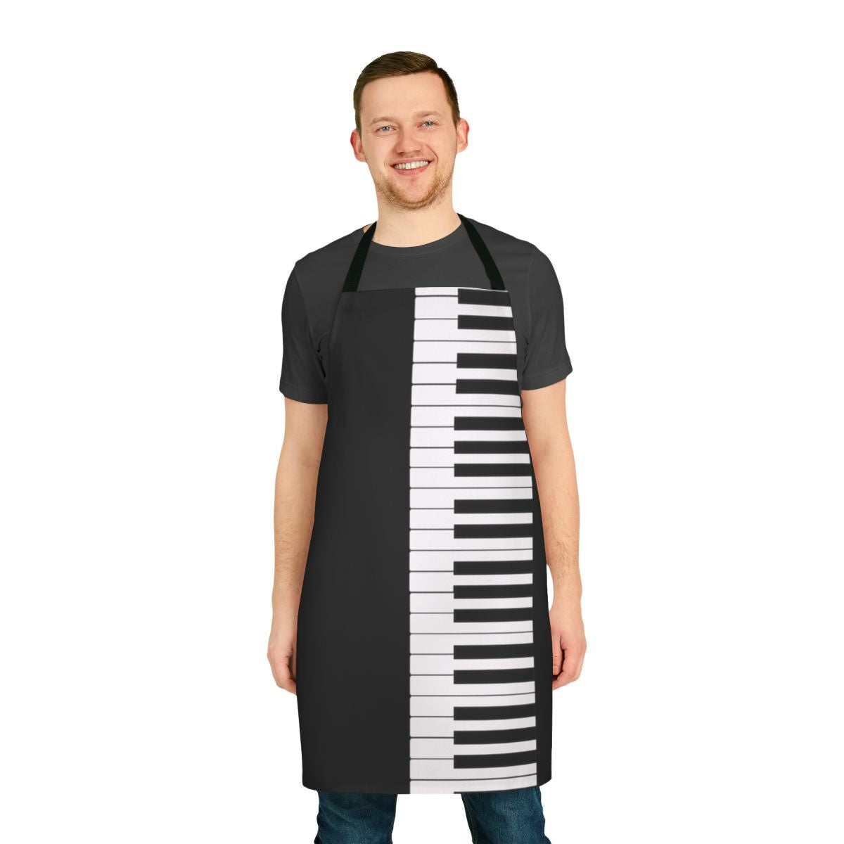 Black and white piano keyboard print apron for musicians