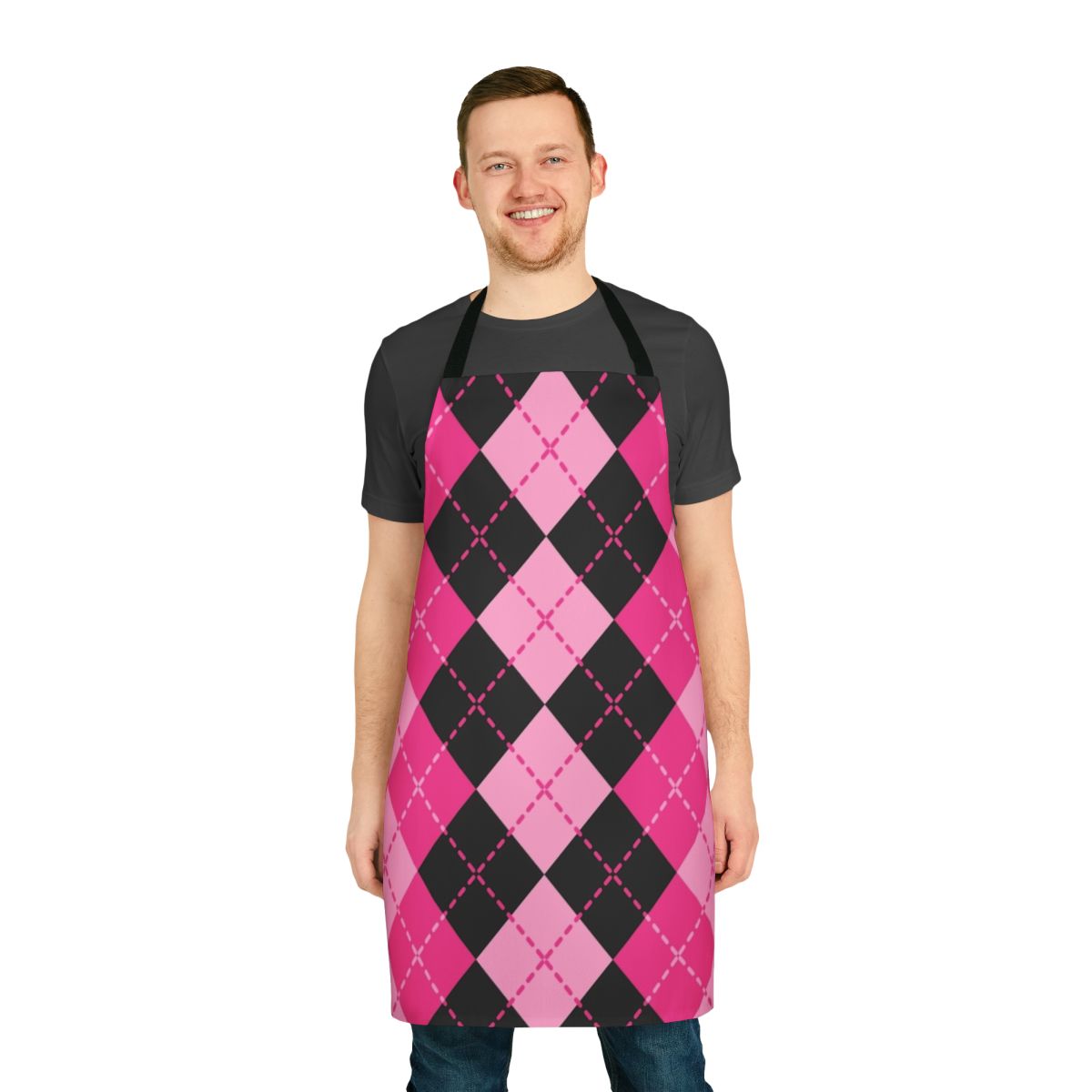 Pink argyle pattern apron with a classic, fashionable design.