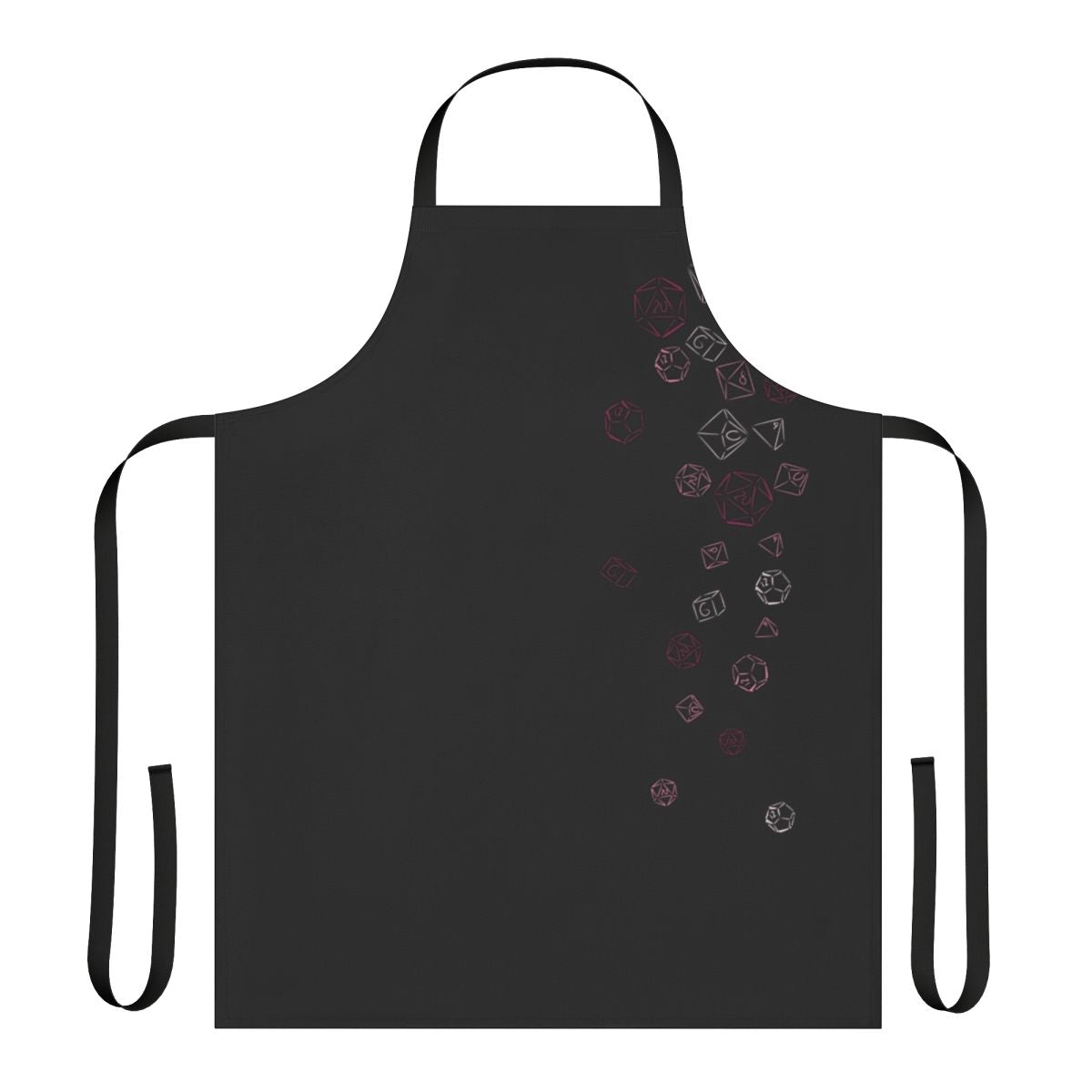Cascading pink dice pattern on an apron for tabletop roleplaying enthusiasts