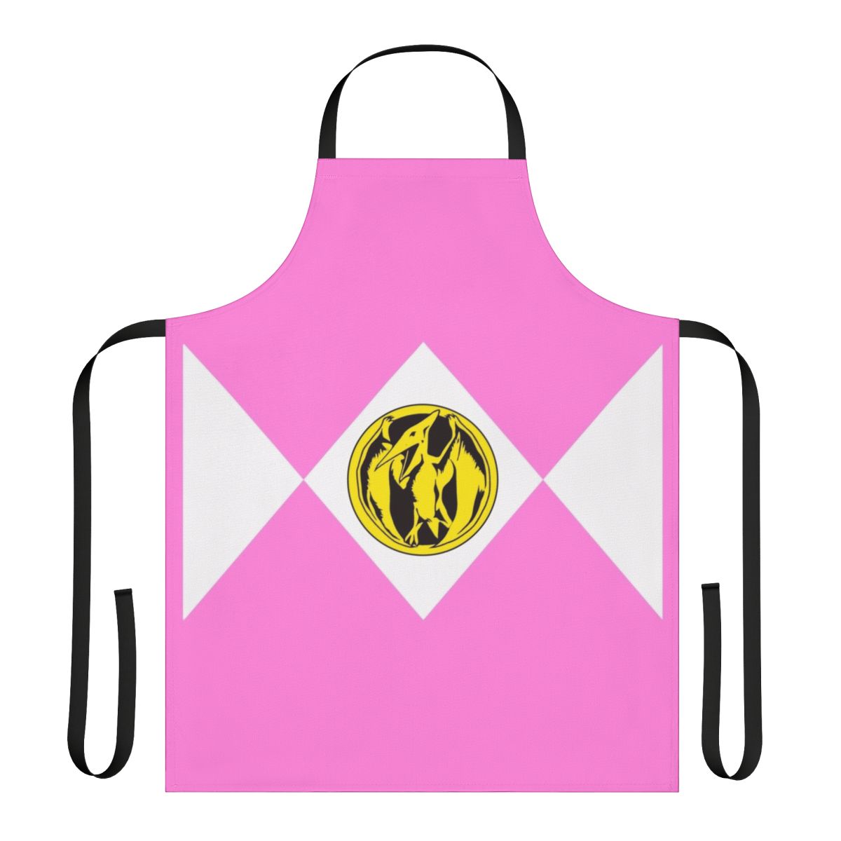Vibrant pink apron with power rangers logo and coin detail