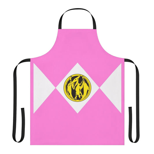 Vibrant pink apron with power rangers logo and coin detail