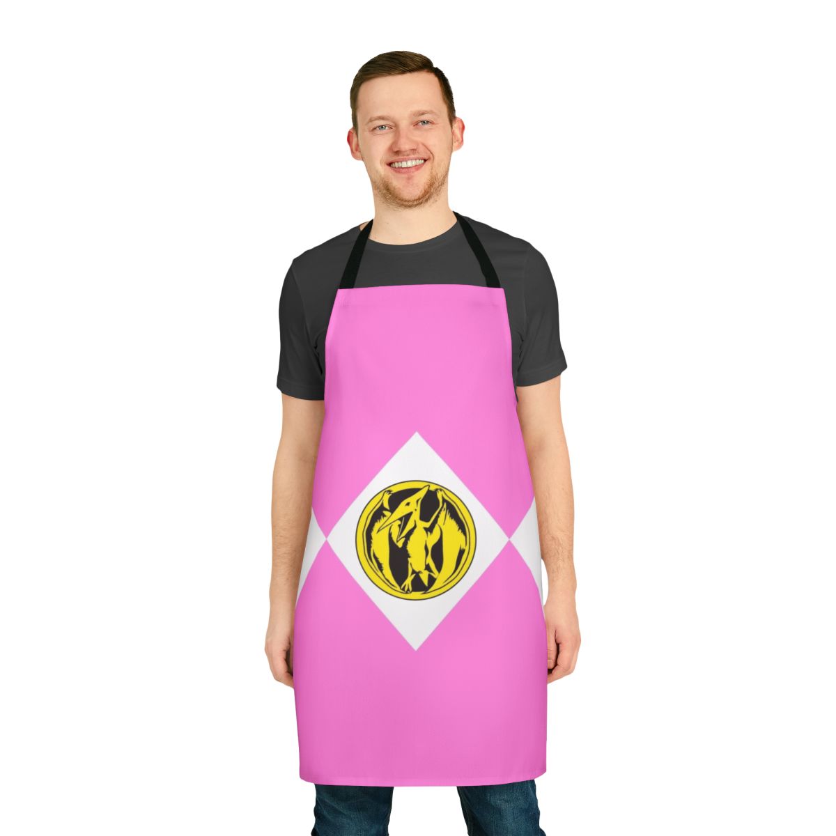 Vibrant pink apron with power rangers logo and coin detail