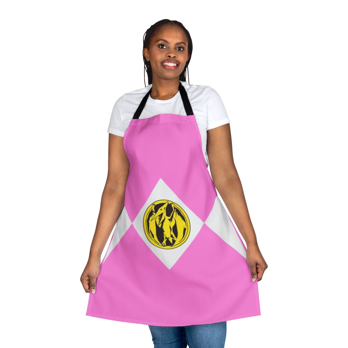 Vibrant pink apron with power rangers logo and coin detail