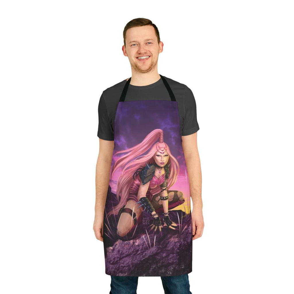 A pink and white warrior-themed apron with fantasy art and punk rock design.