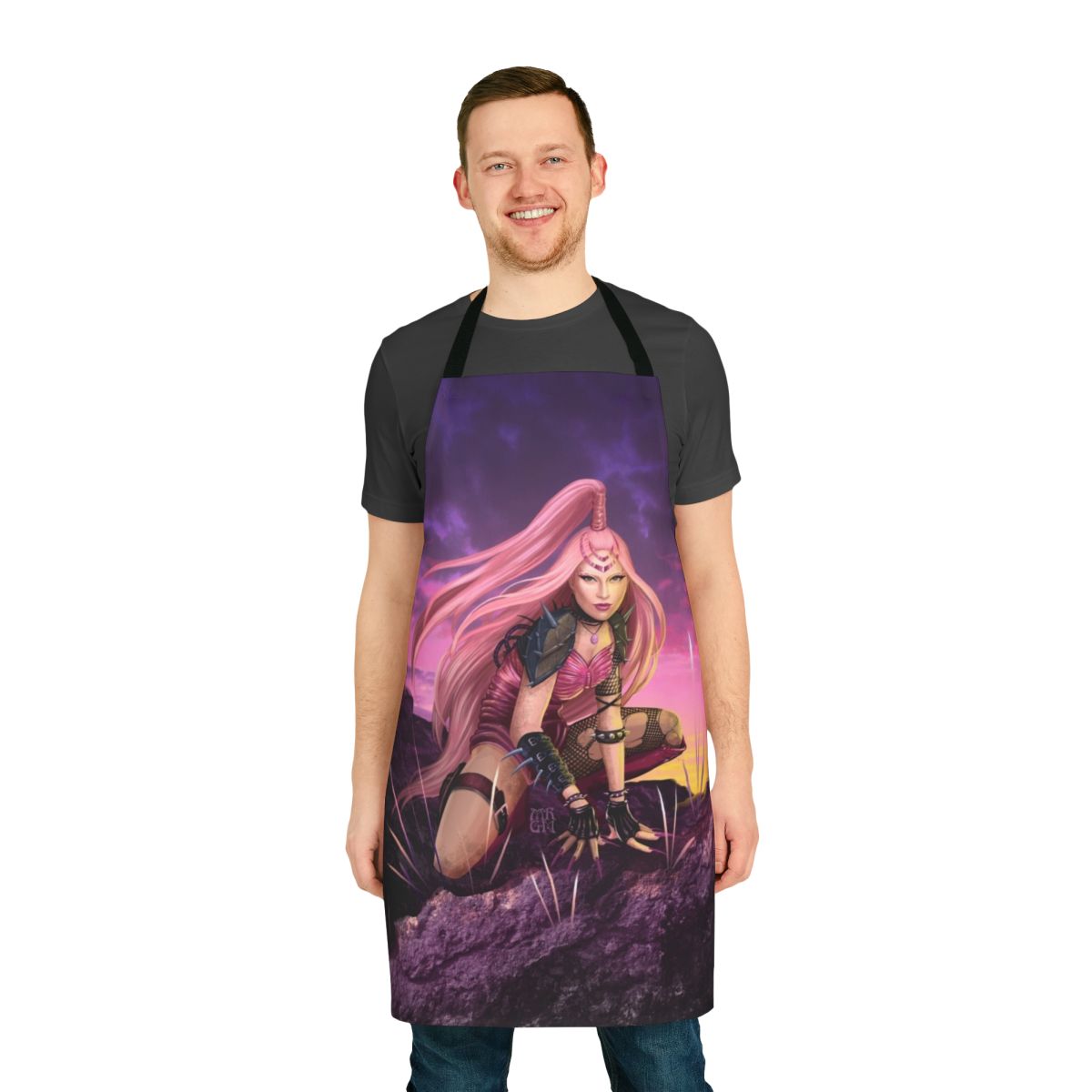 A pink and white warrior-themed apron with fantasy art and punk rock design.