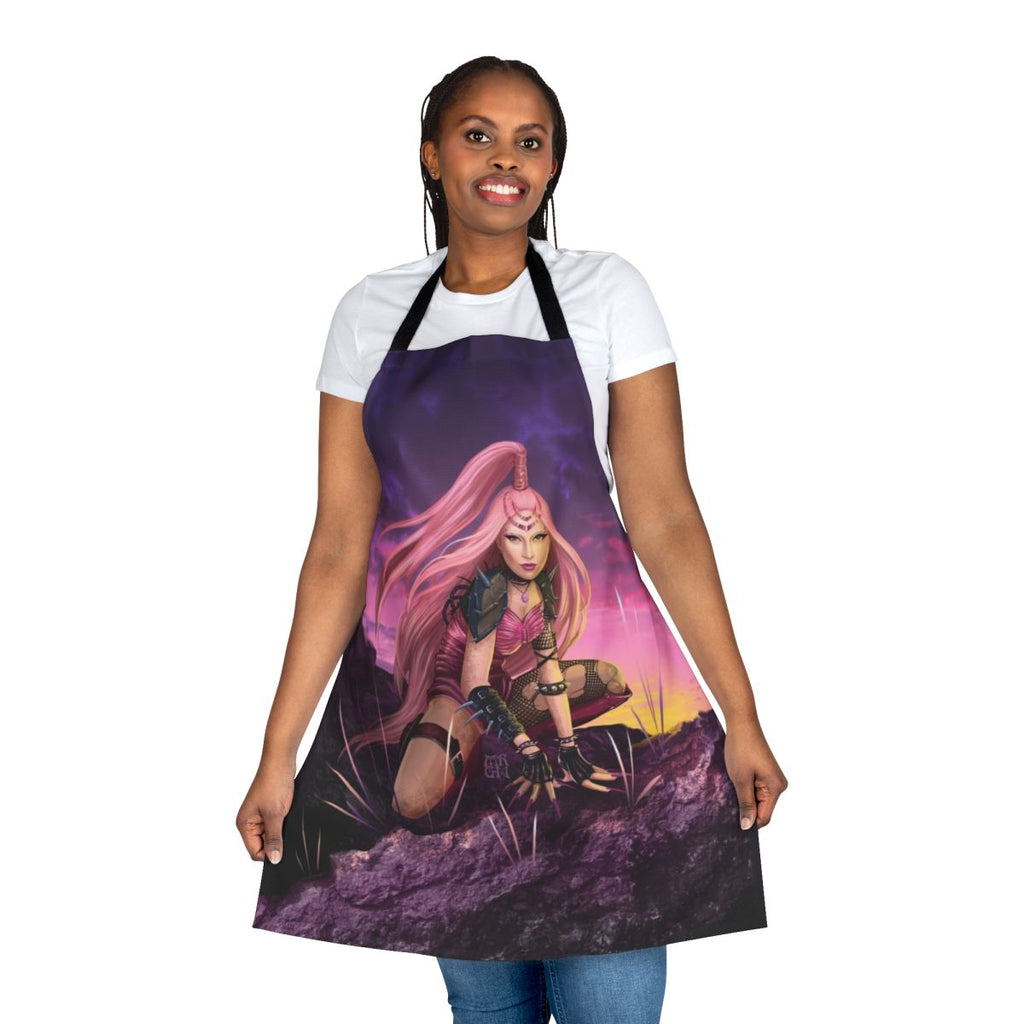 A pink and white warrior-themed apron with fantasy art and punk rock design.