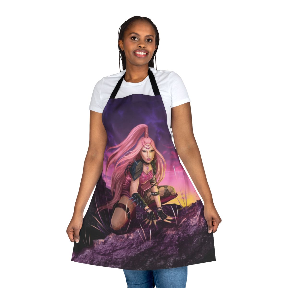 A pink and white warrior-themed apron with fantasy art and punk rock design.
