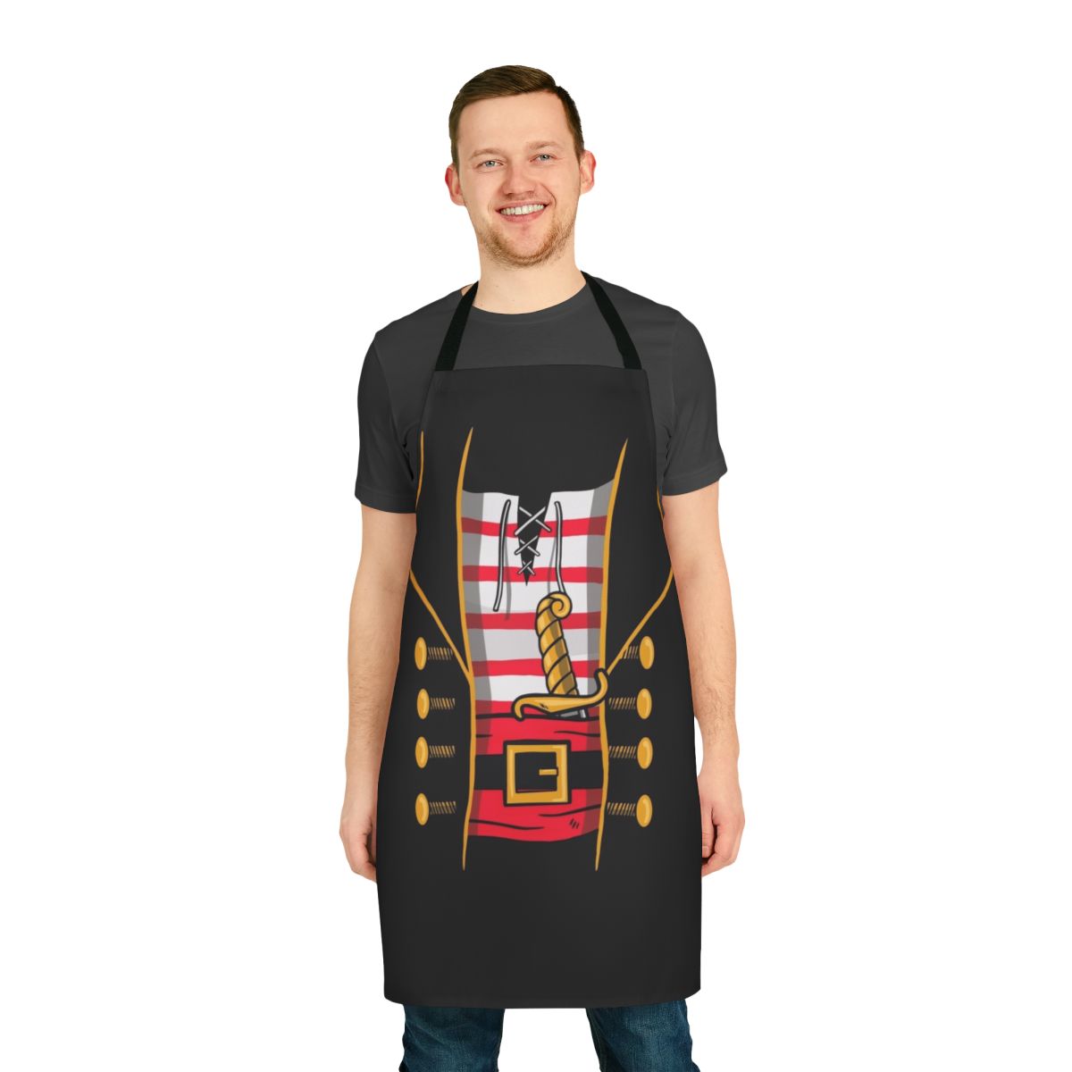 A pirate-themed apron with a sword design, perfect for Halloween costume parties and events.