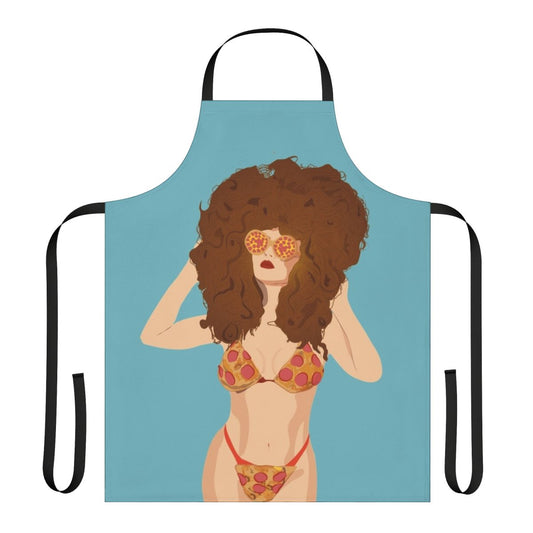 Apron featuring a pizza-themed design with a bikini-clad girl