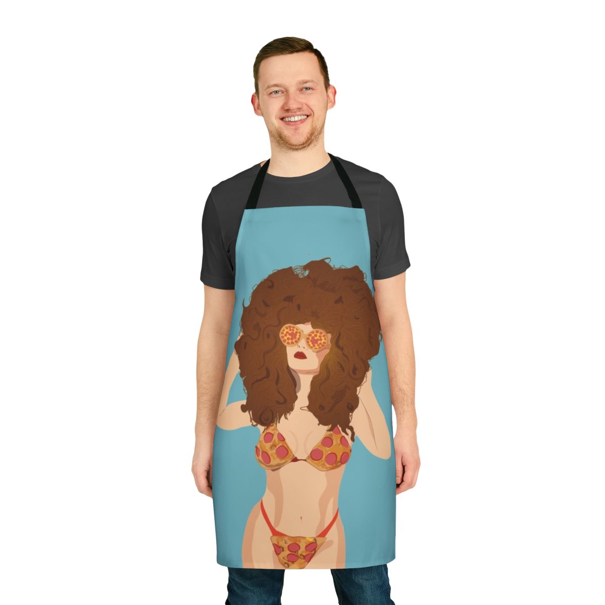Apron featuring a pizza-themed design with a bikini-clad girl
