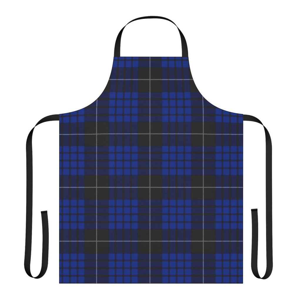 Blue and black plaid apron with macqueen tartan pattern