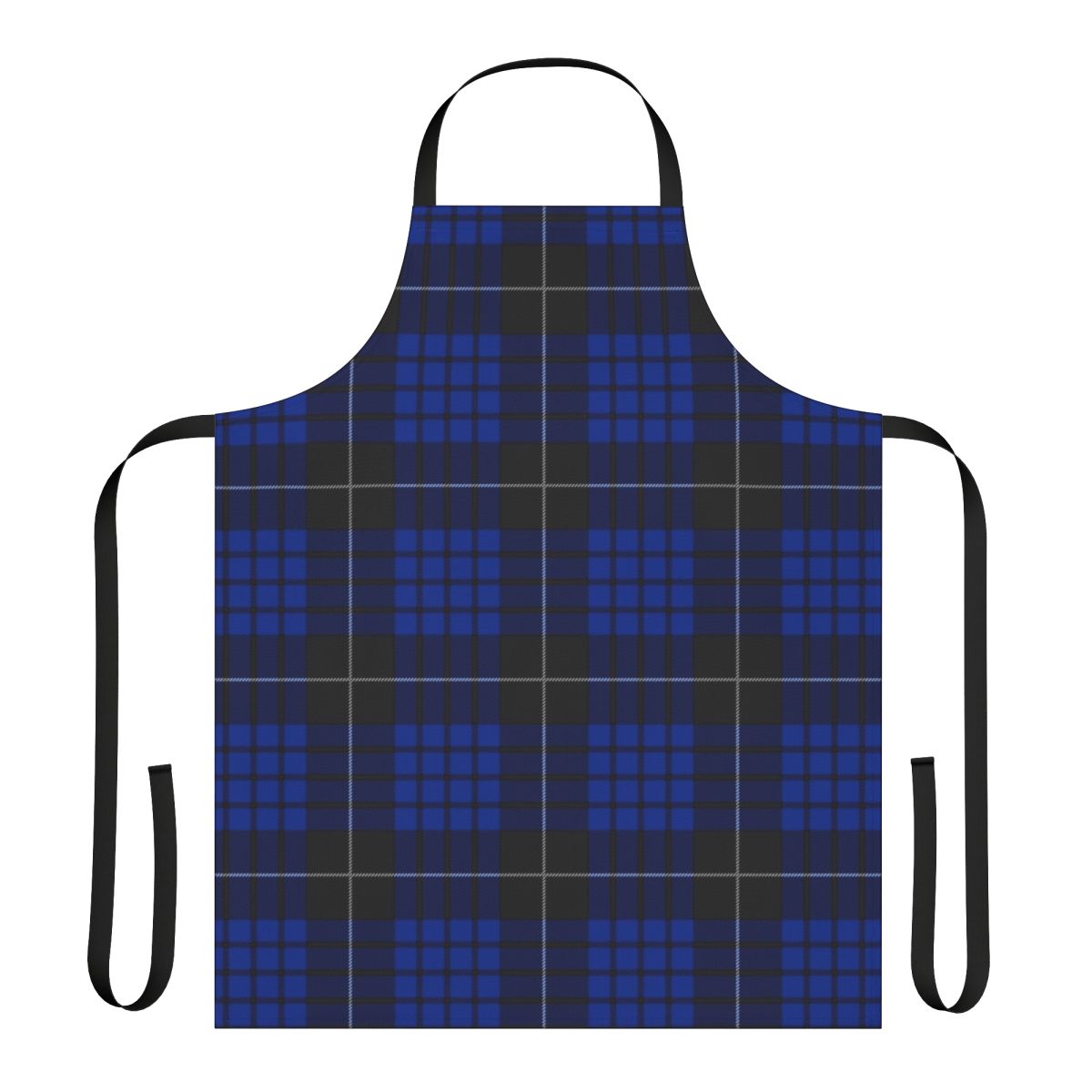 Blue and black plaid apron with macqueen tartan pattern