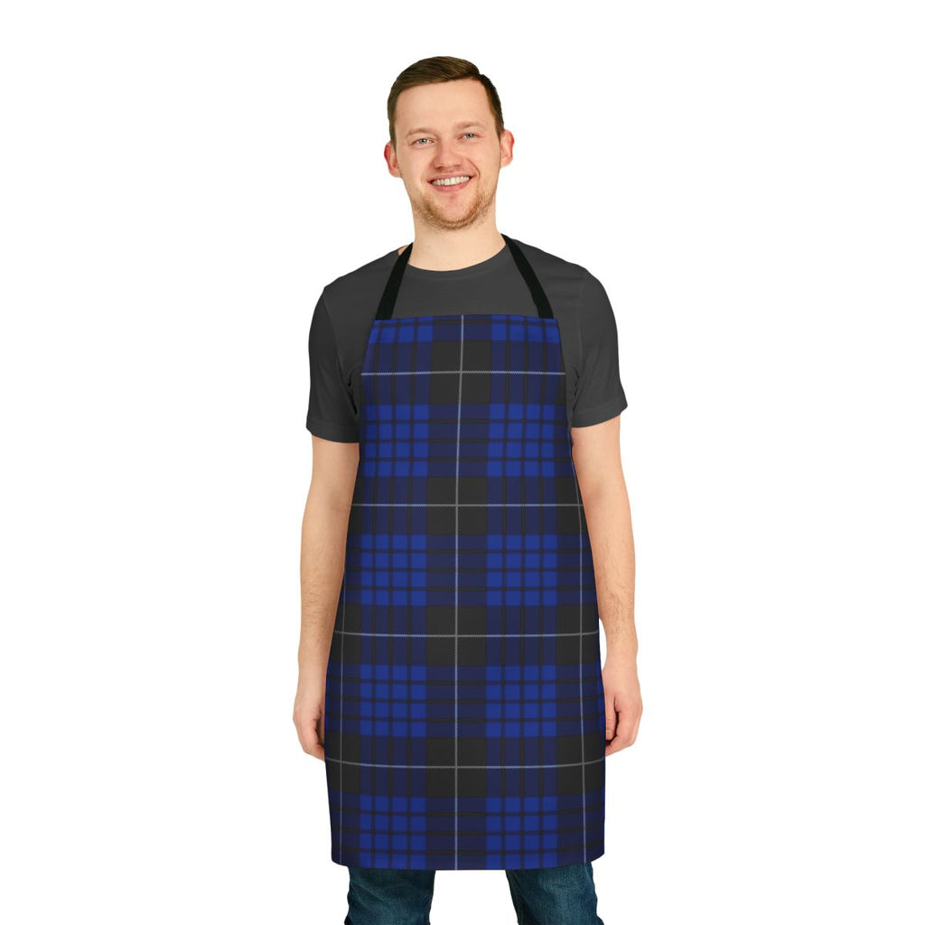 Blue and black plaid apron with macqueen tartan pattern