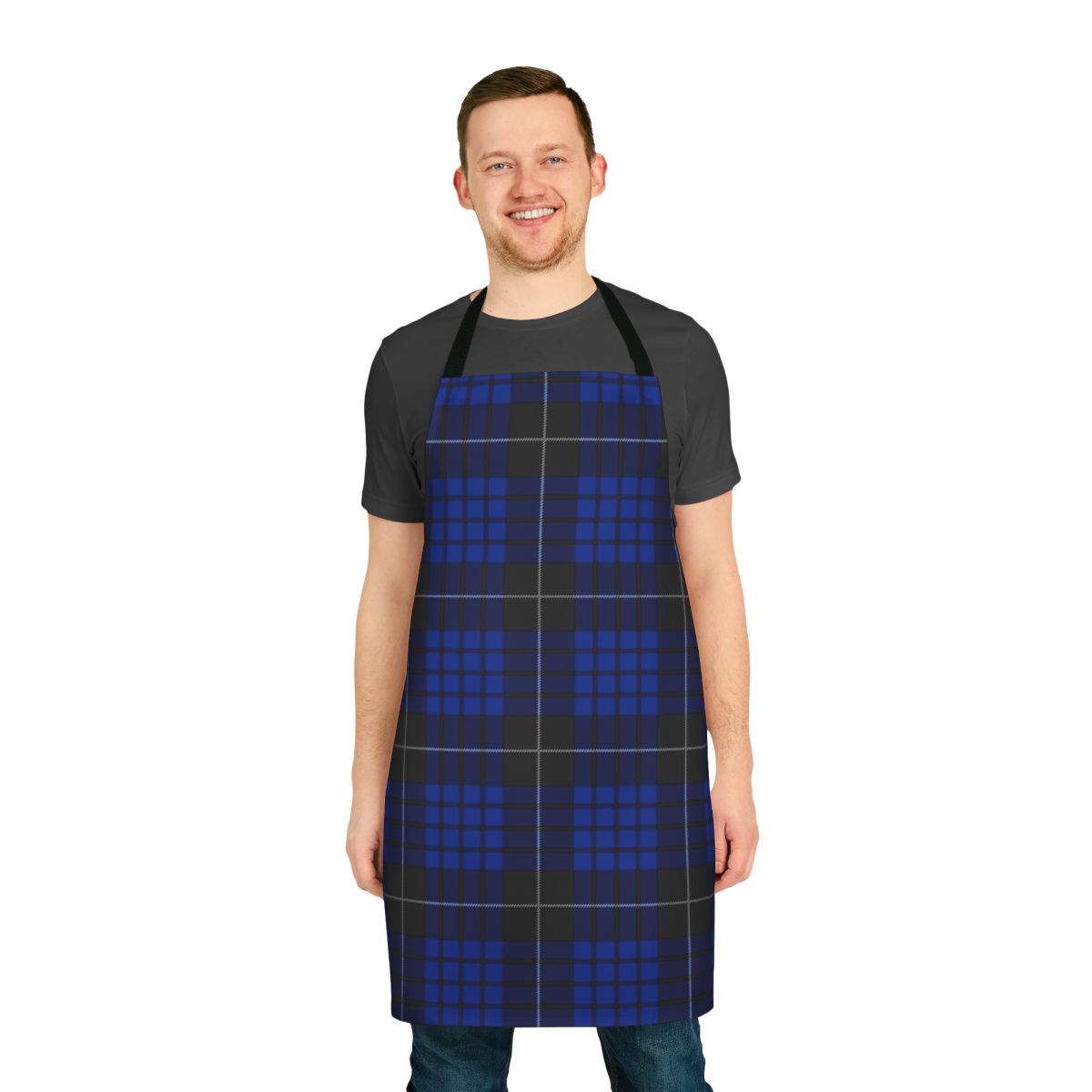 Blue and black plaid apron with macqueen tartan pattern