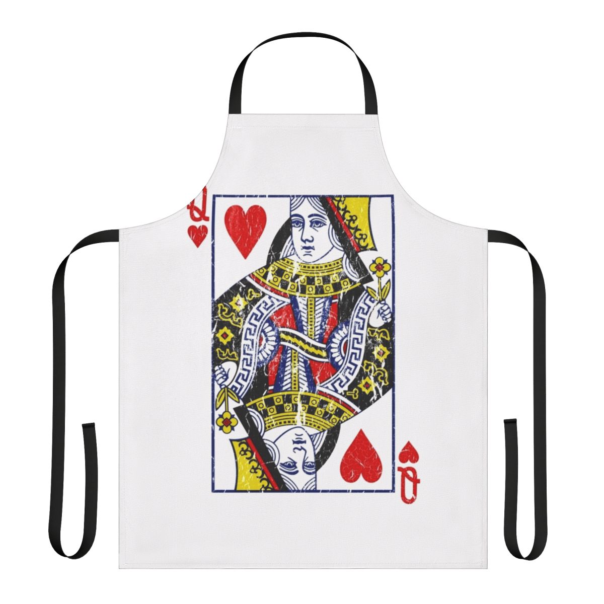A high-quality apron featuring a vibrant queen of hearts playing card design, perfect for card game enthusiasts.
