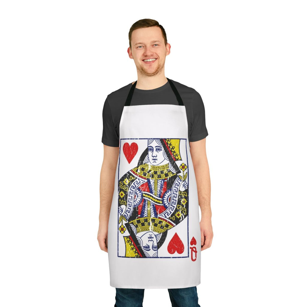 A high-quality apron featuring a vibrant queen of hearts playing card design, perfect for card game enthusiasts.