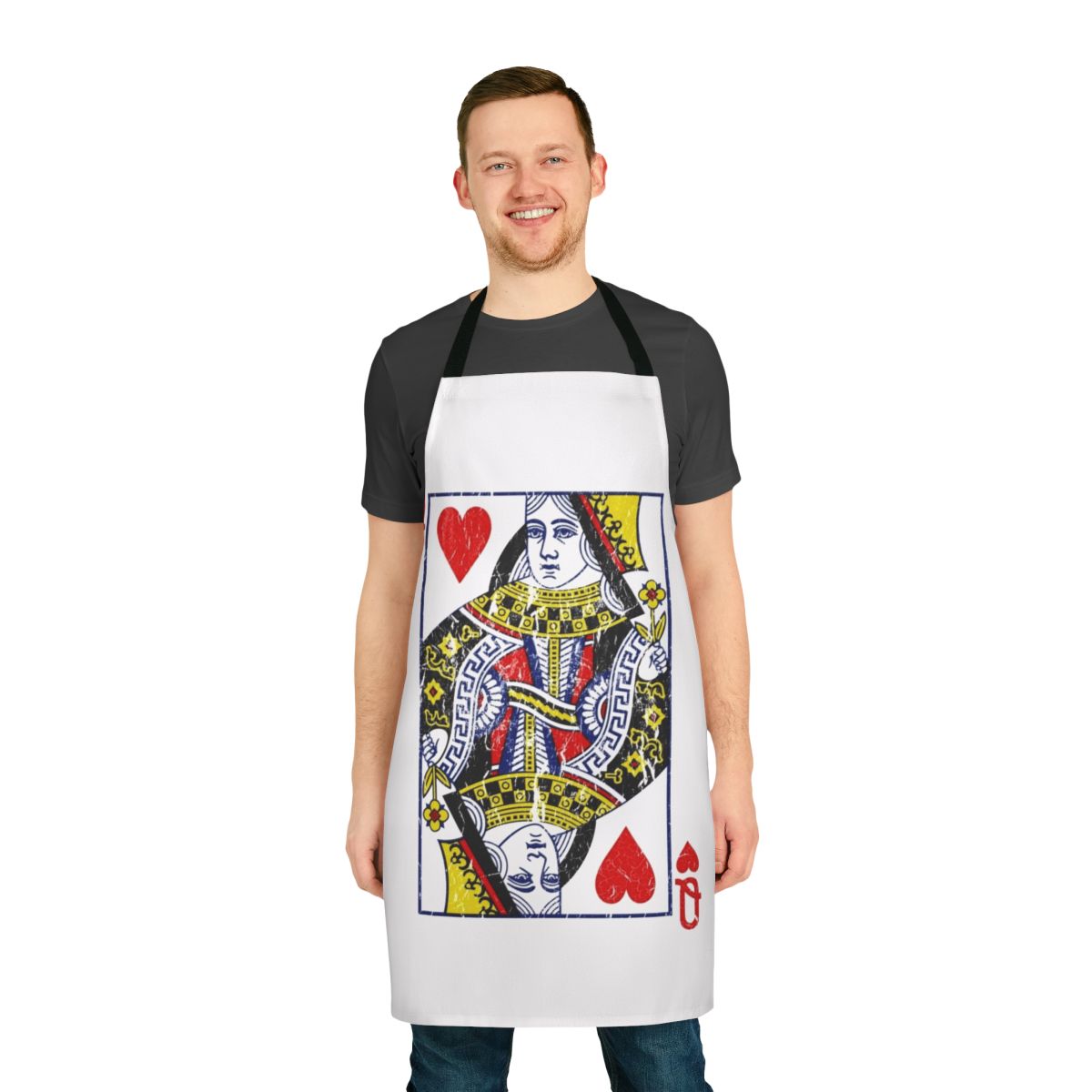 A high-quality apron featuring a vibrant queen of hearts playing card design, perfect for card game enthusiasts.