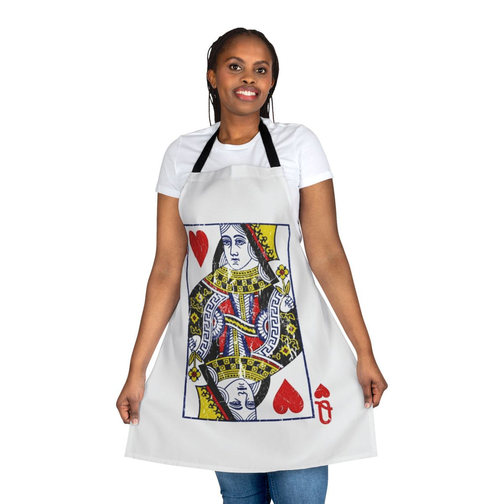 A high-quality apron featuring a vibrant queen of hearts playing card design, perfect for card game enthusiasts.