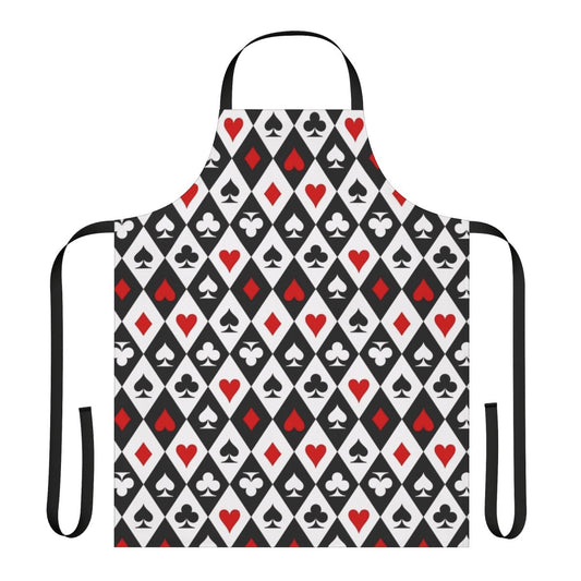 A high-quality black and white kitchen apron featuring the classic playing card suit symbols - hearts, diamonds, spades, and clubs.