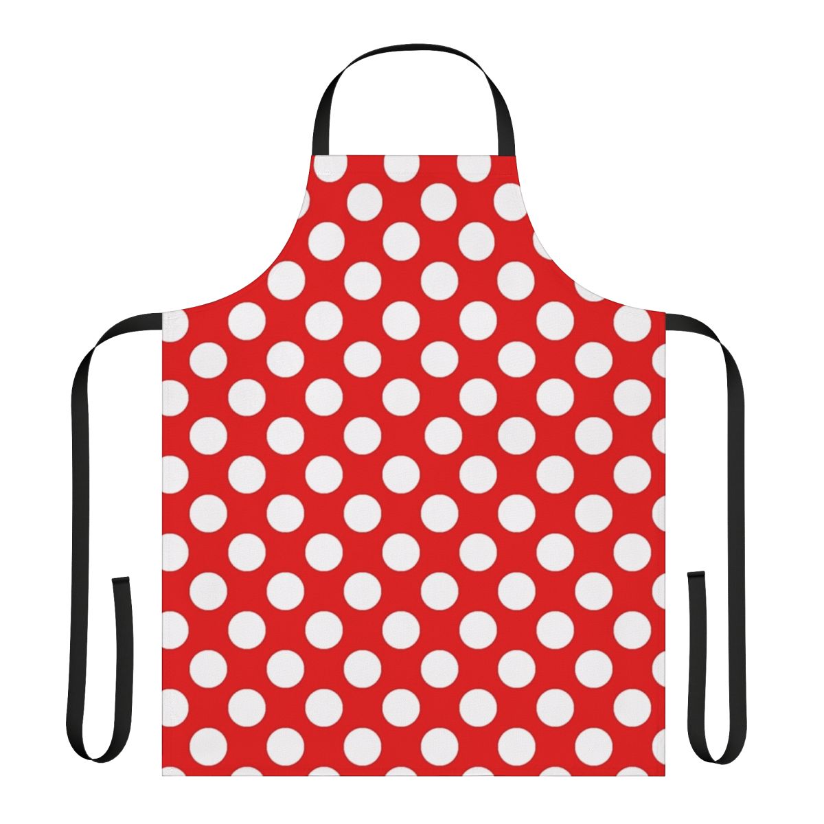 A red and white polka dot patterned apron