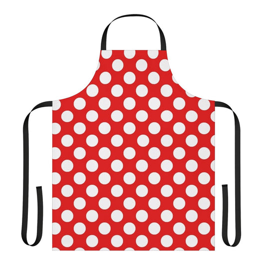 A red and white polka dot patterned apron