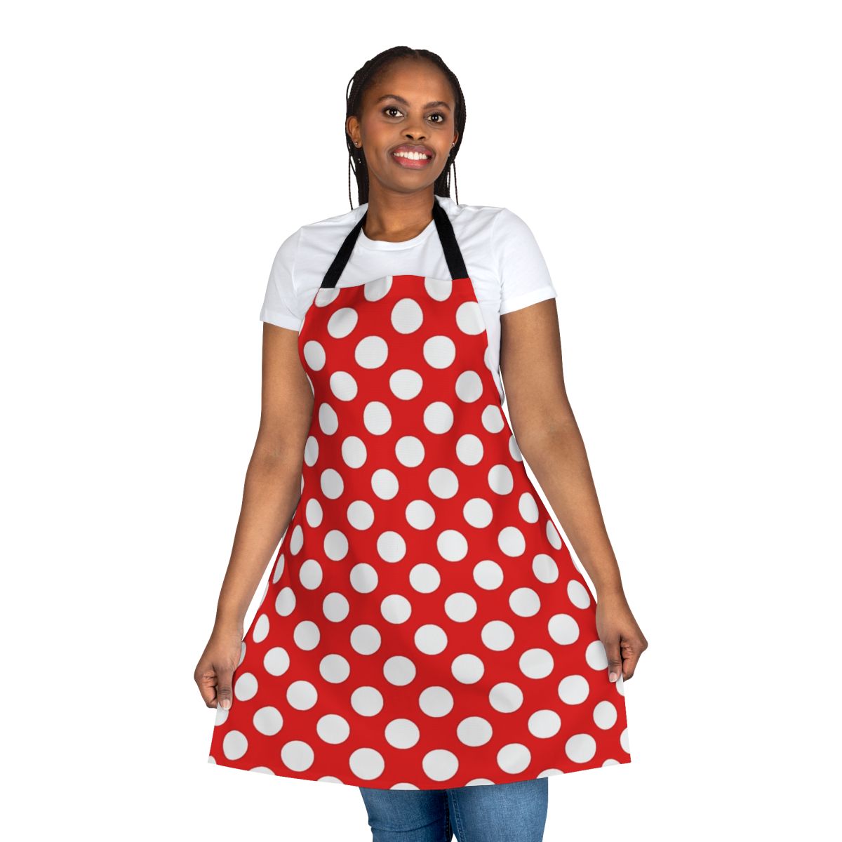 A red and white polka dot patterned apron