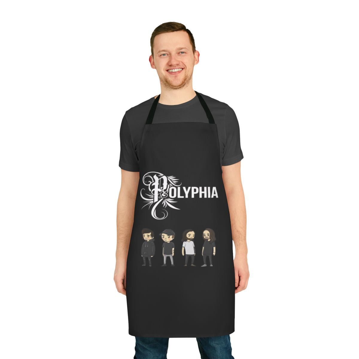 Polyphia-inspired graphic design apron with the band's logo and artwork