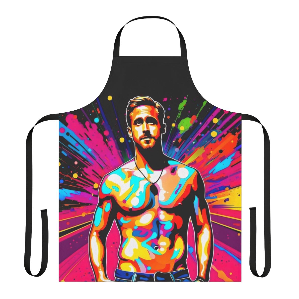 Vibrant pop art inspired apron featuring a portrait of actor Ryan Gosling