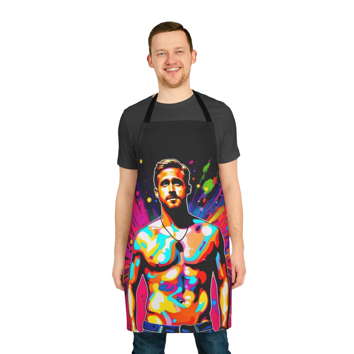 Vibrant pop art inspired apron featuring a portrait of actor Ryan Gosling