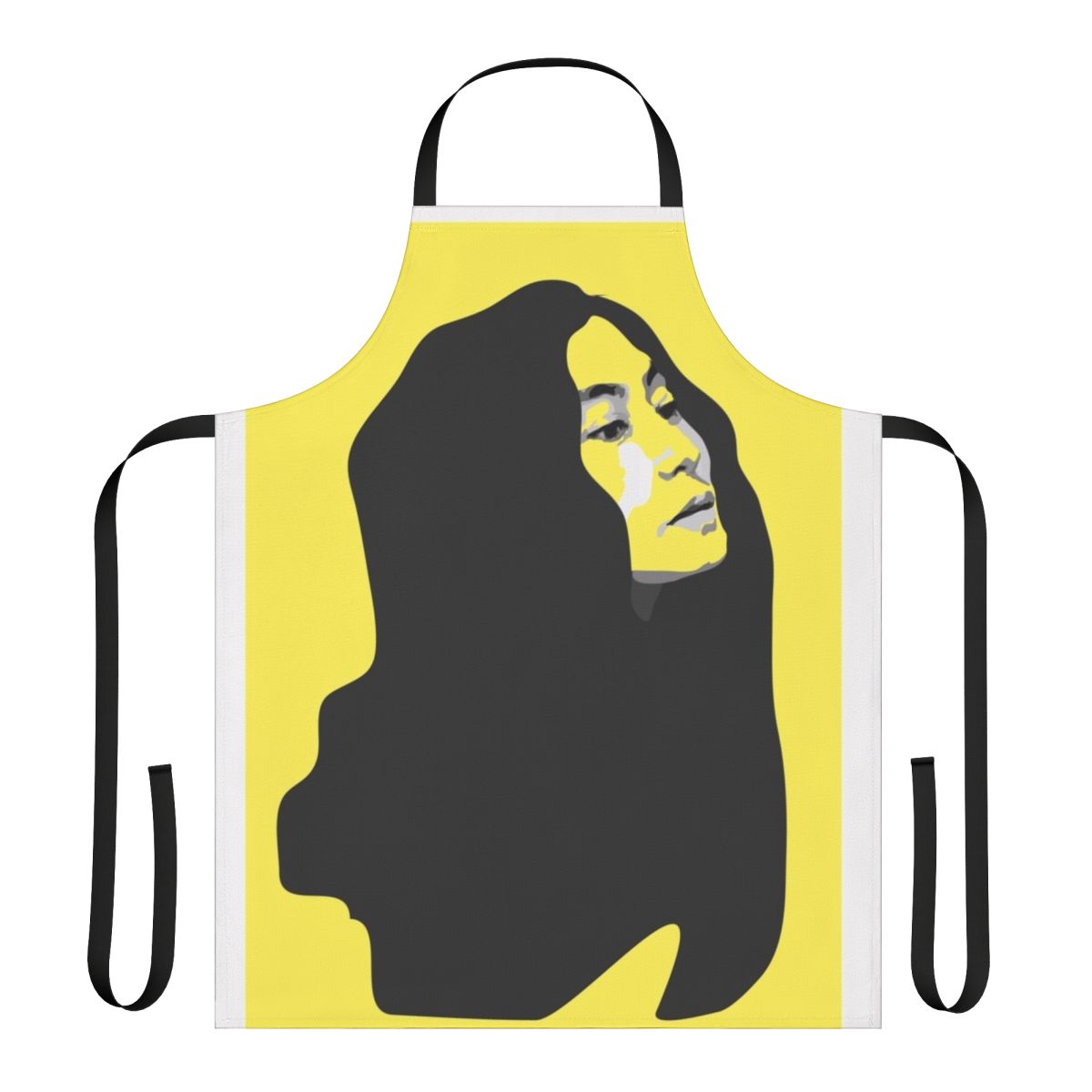 A vibrant yellow apron featuring a stenciled portrait of musician Yoko Ono.