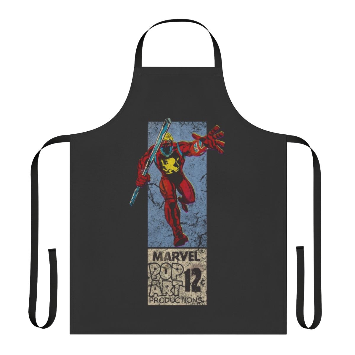 Vibrant pop art design apron featuring British comic book superheroes and retro 1970s style