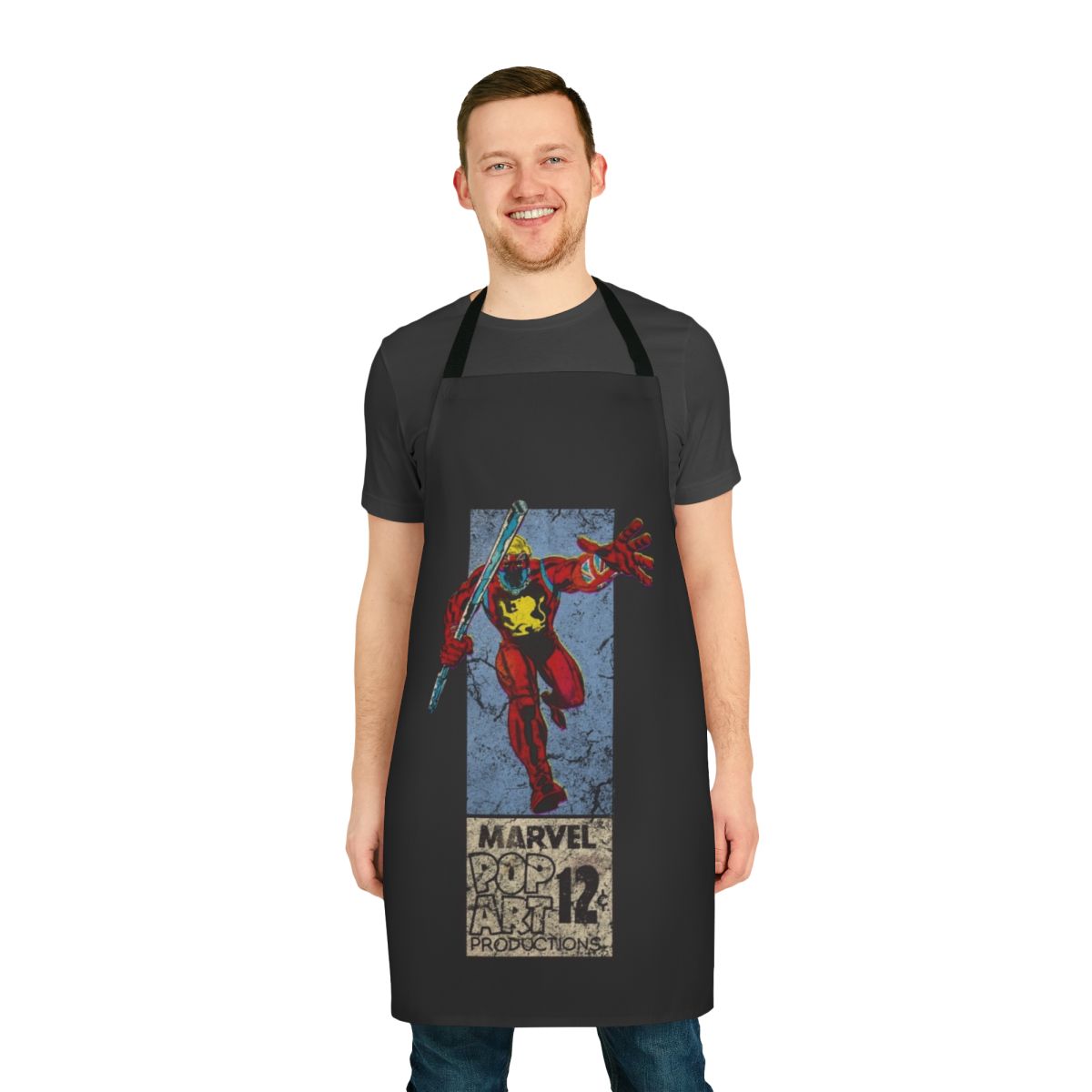 Vibrant pop art design apron featuring British comic book superheroes and retro 1970s style