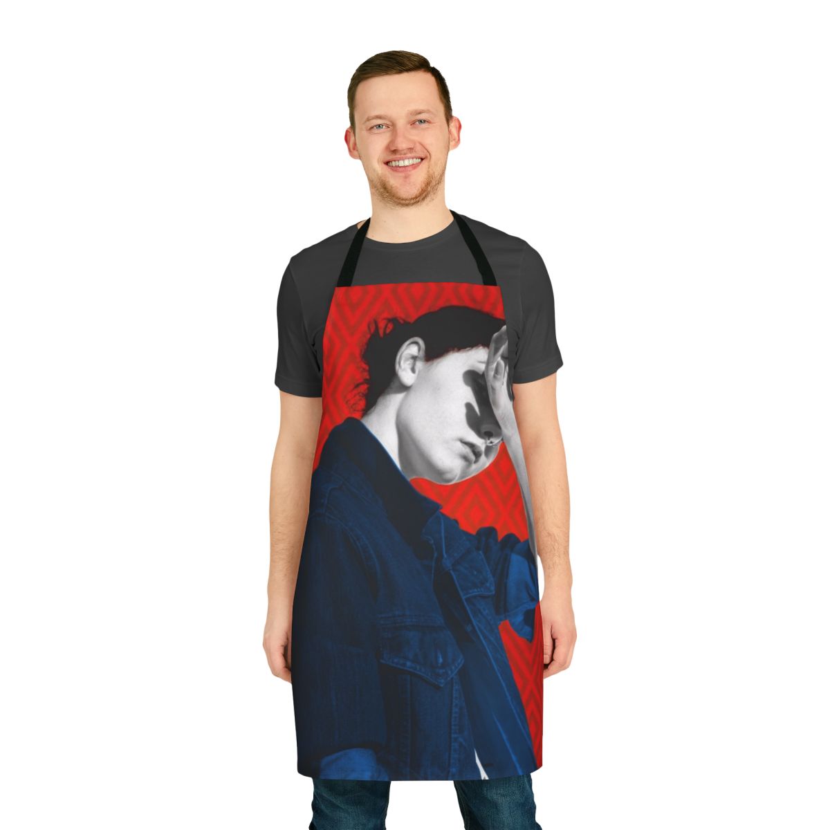 Vibrant pop art portrait design on a modern, high-quality apron.