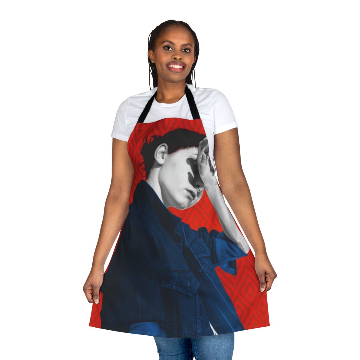Vibrant pop art portrait design on a modern, high-quality apron.