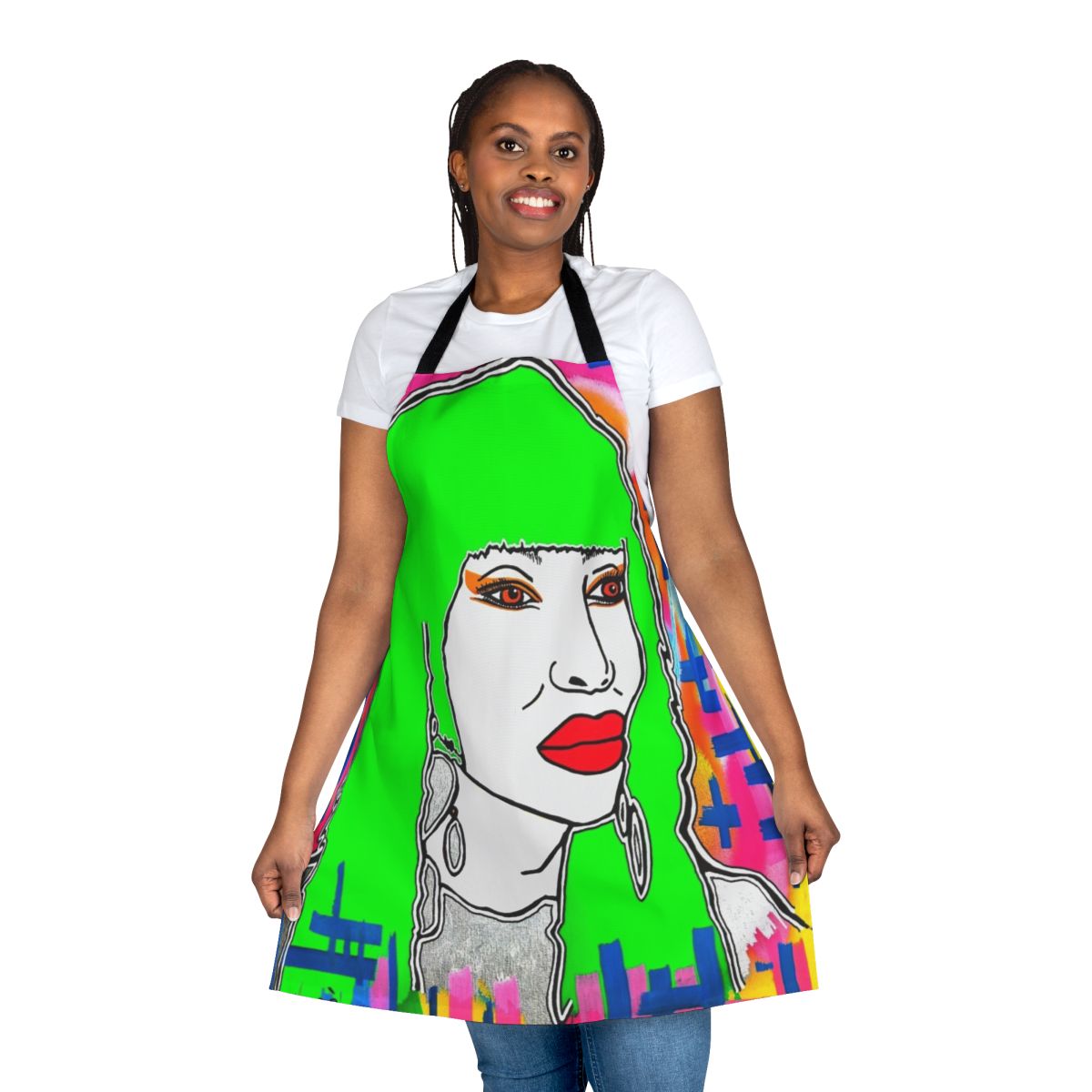 Apron featuring a graphic design inspired by pop music icon Pete Burns