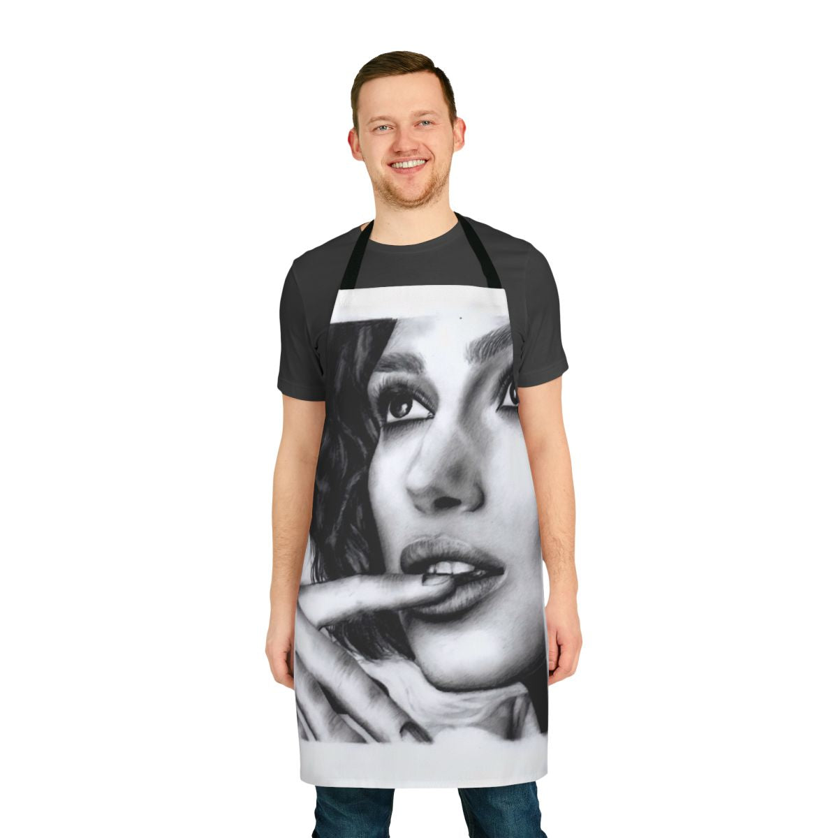 High-quality portrait apron with a pencil sketch-style image of actress Keira Knightley