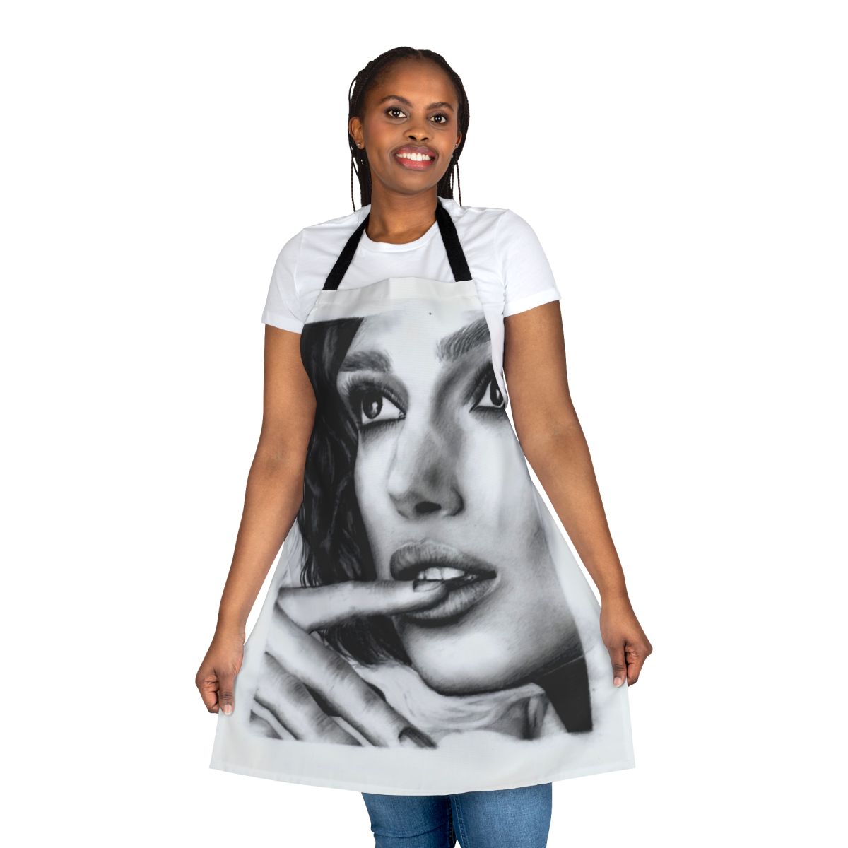 High-quality portrait apron with a pencil sketch-style image of actress Keira Knightley