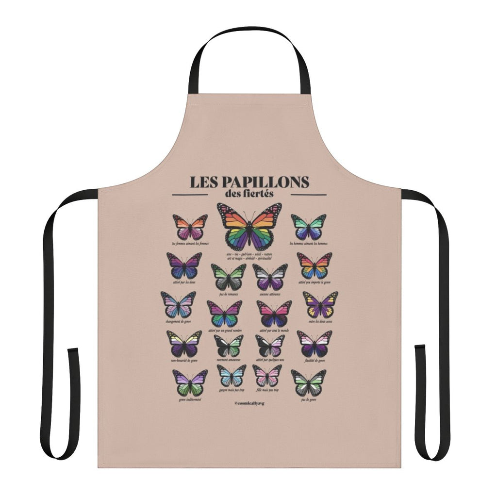 A stylish and fashionable apron featuring a pride flag design with butterflies, perfect for LGBTQ+ kitchen and home.