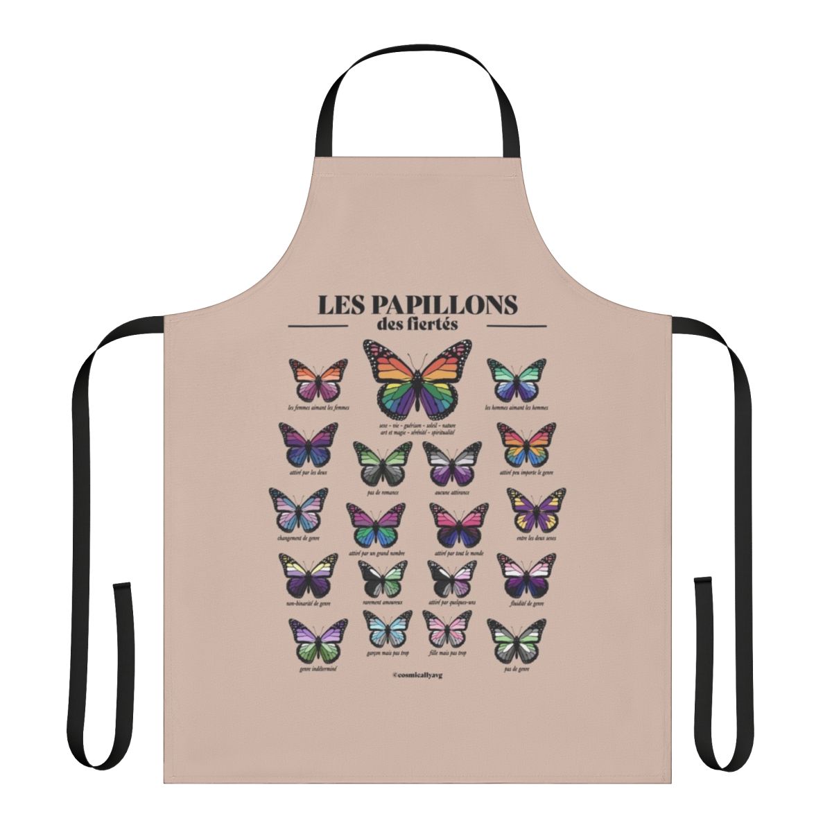 A stylish and fashionable apron featuring a pride flag design with butterflies, perfect for LGBTQ+ kitchen and home.