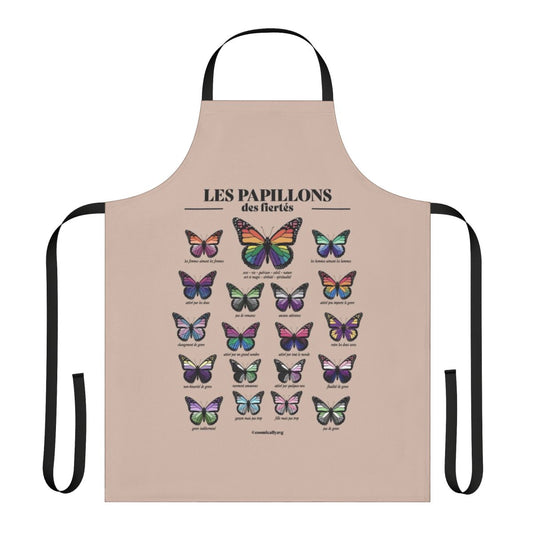 A stylish and fashionable apron featuring a pride flag design with butterflies, perfect for LGBTQ+ kitchen and home.